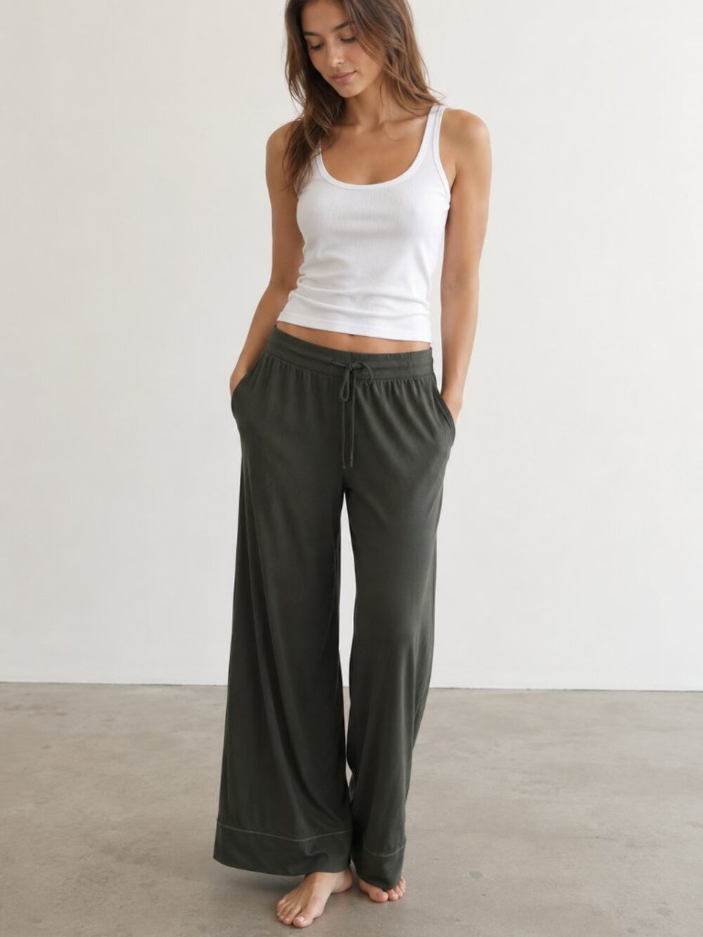 GAP BODY Softest Modal Wide Leg Drawstring Pajama Lounge Pants Olive Sz M EUC - Picture 9 of 9